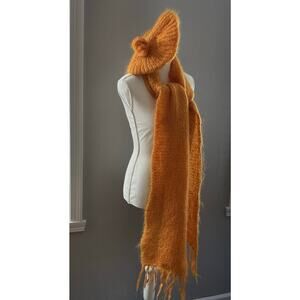 Vintage‎ Antartex Handknit Scarf  Fringe Hem and Beret Orange 90" Long Wool?